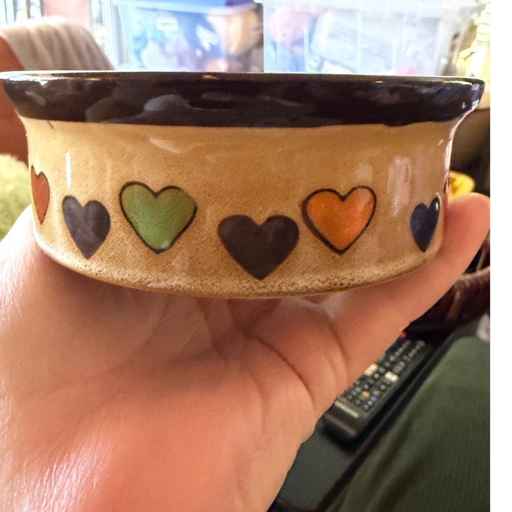 Harmony Ceramic Pet Bowl Small Tan Browniu Multi Heart Print 8oz Dish New